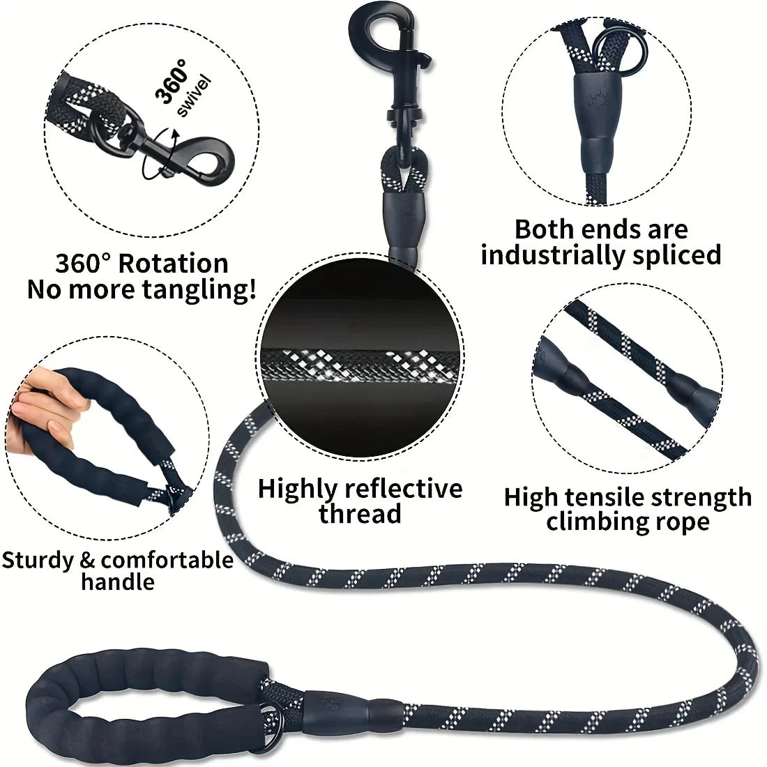 Reflective Dog Leash With Comfortable Padded Handle - Double Heavy Duty Traction Rope For Strong Dogs