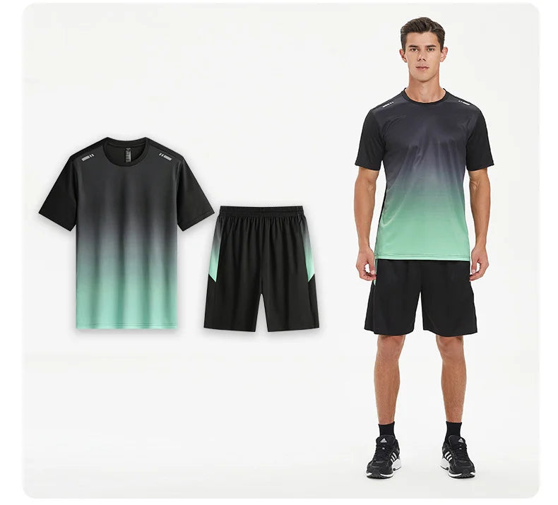 Men Active Quick Dry Crew Neck T Shirts and Shorts Set Athletic Workout Short Sleeve Clothes Basketball Running Gym Sports Suit