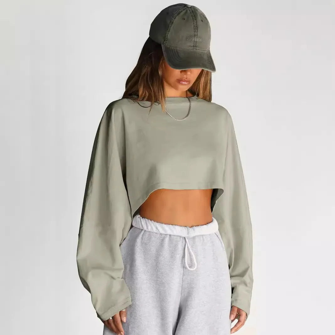 Sexy Cropped Hoodie T Shirt Long Sleeve Knit Top Women Spring Summer Casual Pullover Tee Blouse