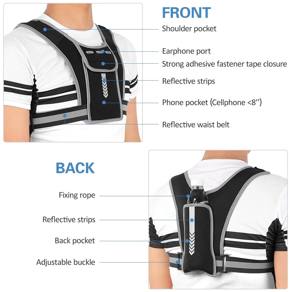 Safety Vest Accessories: Reflective, Lightweight Night Vest with Phone Holder, Water Bottle for Running, Training, Hiking, Workouts / Rungear