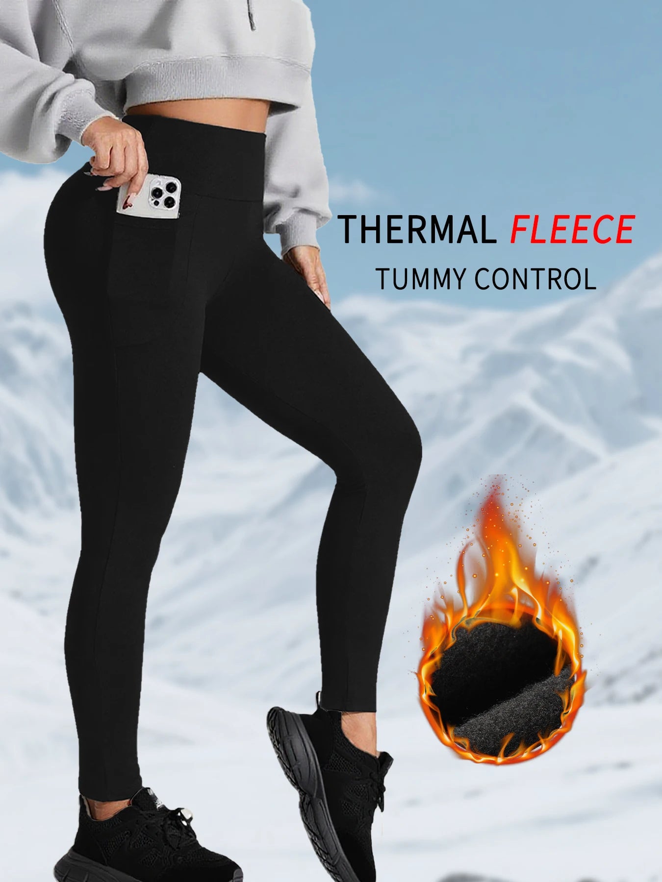 Women's Thermal Apparel: Winter Thermal High Waisted Warm, Thick Fleece Lined Workout Leggings with Pockets / Rungear