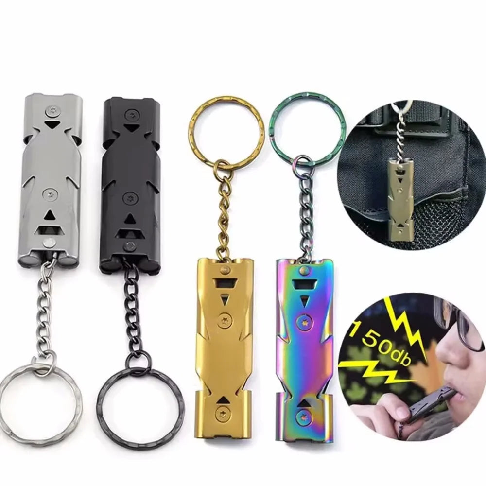 High Decibel Portable Outdoors Stainless Steel Double Pipe Emergency Survival Whistle Keychain