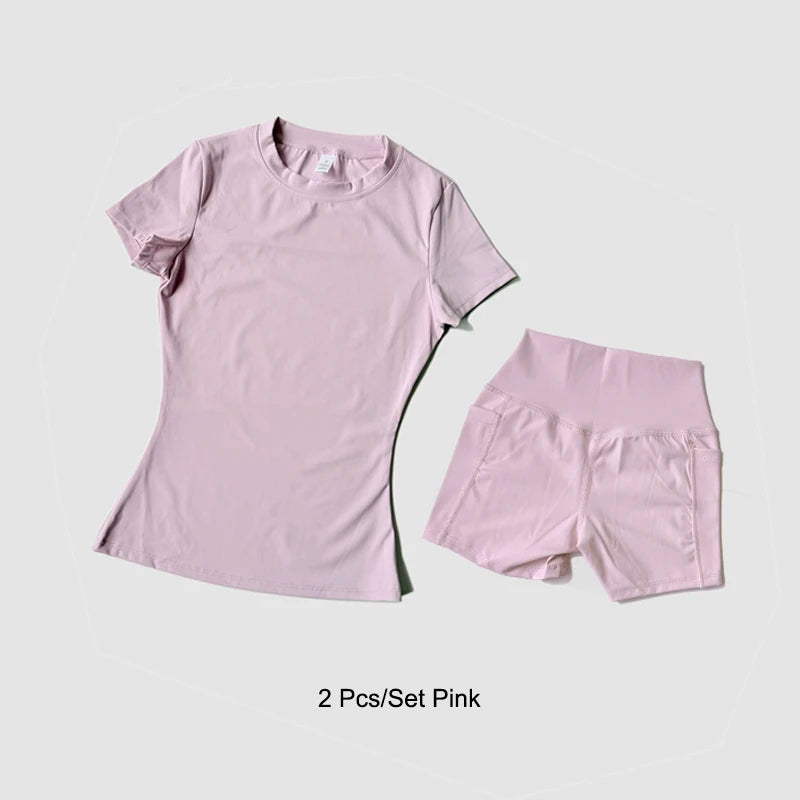 Women's Rungear Apparel: Seamless, Knitted Sportswear Fitness Set - Short Sleeved Crop Top With Gym Shorts / Rungear