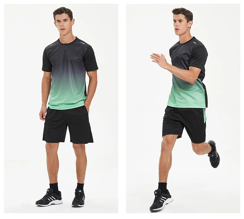 Men Active Quick Dry Crew Neck T Shirts and Shorts Set Athletic Workout Short Sleeve Clothes Basketball Running Gym Sports Suit