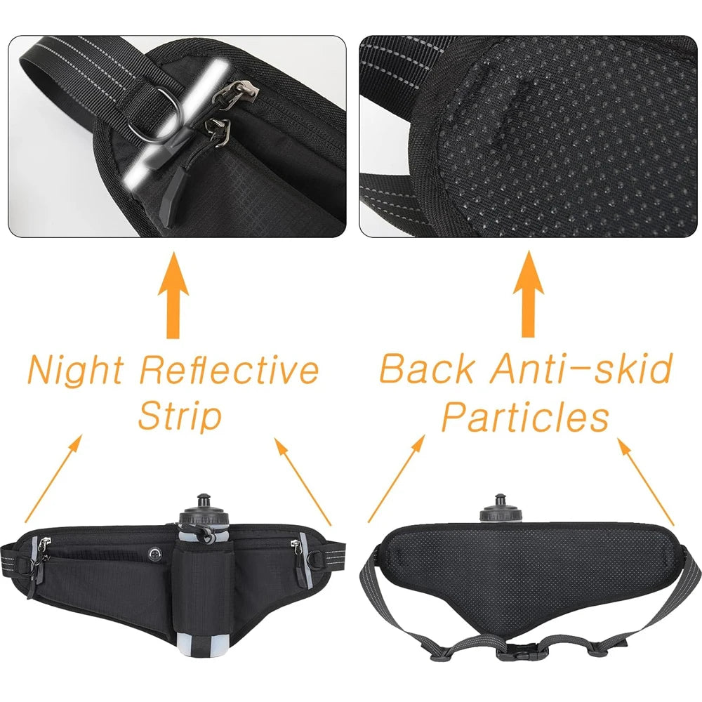 Hydration Gear Accessories: Waterproof, Adjustable, Reflective Hydration Running Belt with 90° No-Bounce Bottle Holder for Hiking, Running, Walking / Rungear