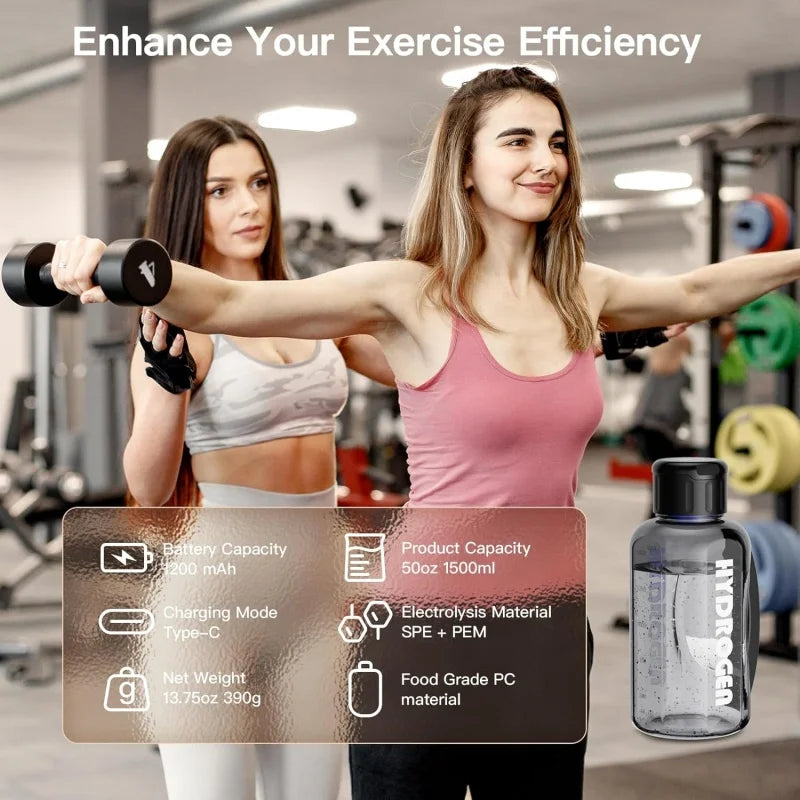 Running Hydration Accessories: 1500ml Hydrogen Water Bottle Generator Portable Water Ionizer Machine with PEM Technology Rechargeable, Rich Glass Cup / Rungear