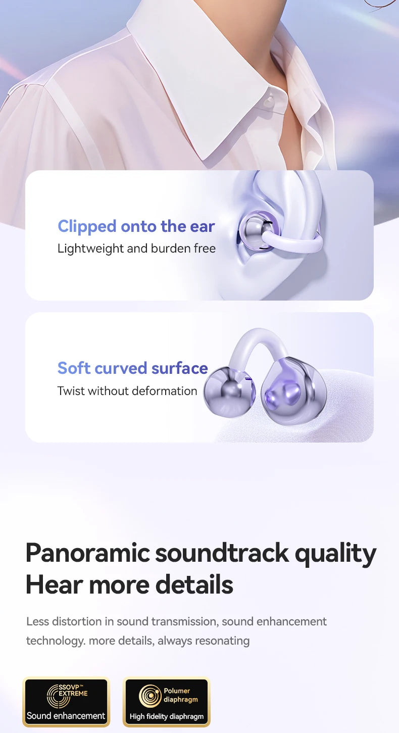 Running Earbuds Gear: Wireless, Waterproof, Bone Conduction HIFI Bluetooth 5.4 Clip-on-Ear Earbuds With Mic Digital Display 2025 / Rungear