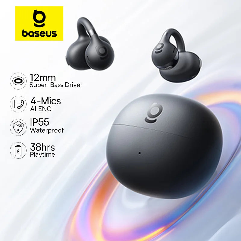 Running Tech Gear: Baseus BC1 Ear Clip Earbuds, Open Ear Wireless Earphones, Bluetooth 6.0 Clip On, 4-Mic Super Bass IP55 / Rungear