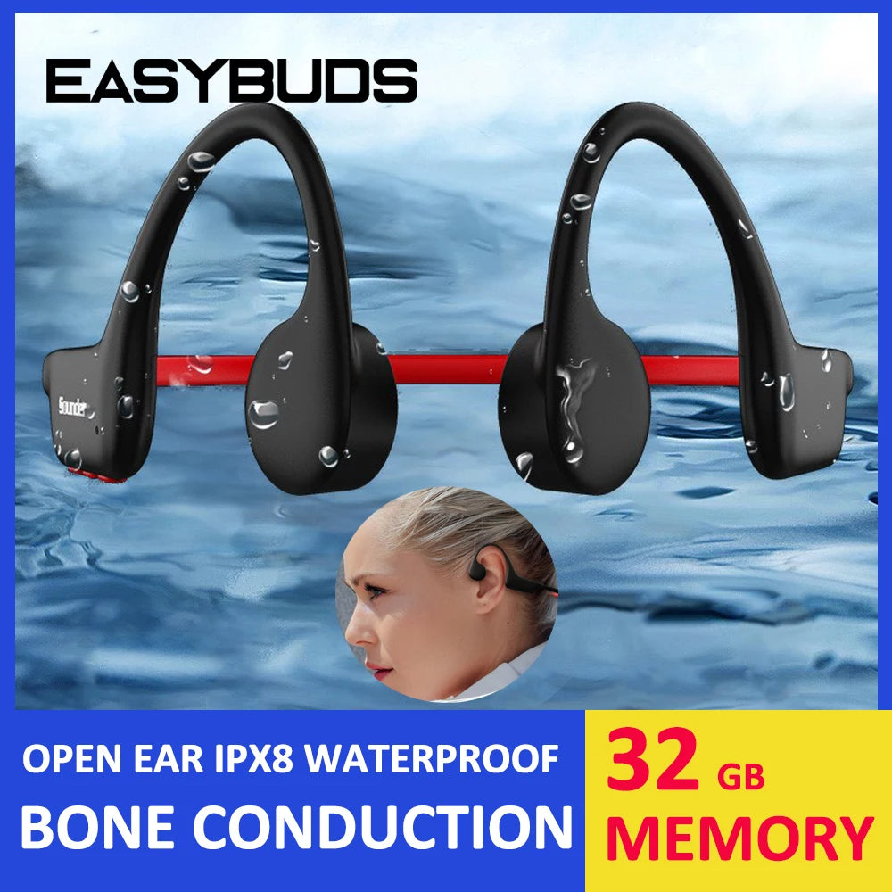 Running Tech Accessories: EASYBUDS Bone Conduction, Waterproof, Wireless Bluetooth  IPX8 Open Ear Headphones, 32GB IP68 / Rungear