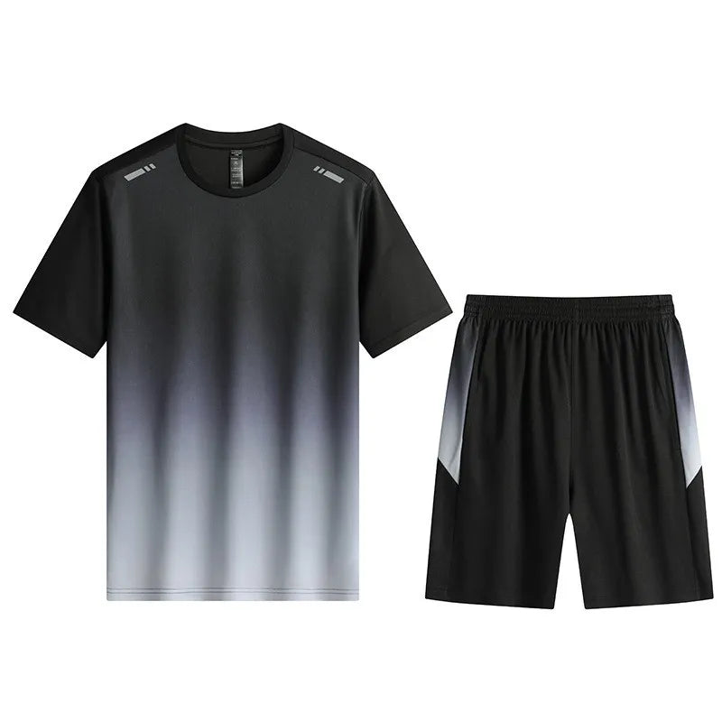 Men Active Quick Dry Crew Neck T Shirts and Shorts Set Athletic Workout Short Sleeve Clothes Basketball Running Gym Sports Suit