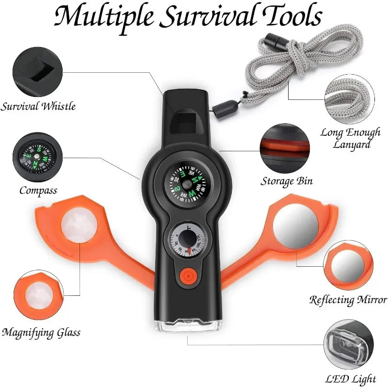 Safety Gear Accessories: 7-in-1 Emergency Survival Function Whistle, Multifunctional Whistle with Lanyard Compass Flashlight  / Rungear