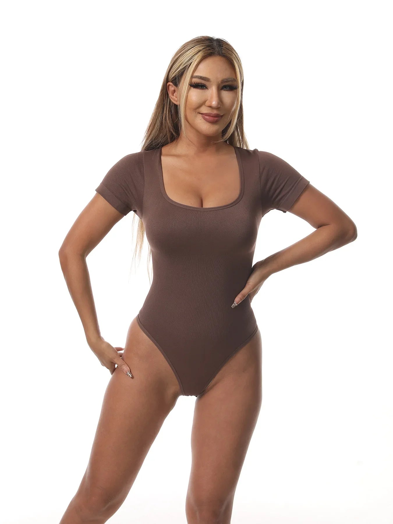Women Casual Apparel: Plus Size, Seamless, Square Neck, High Elastic, Solid Ribbed Jumpsuit Top / Rungear