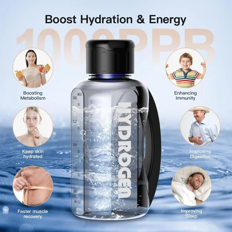 Running Hydration Accessories: 1500ml Hydrogen Water Bottle Generator Portable Water Ionizer Machine with PEM Technology Rechargeable, Rich Glass Cup / Rungear