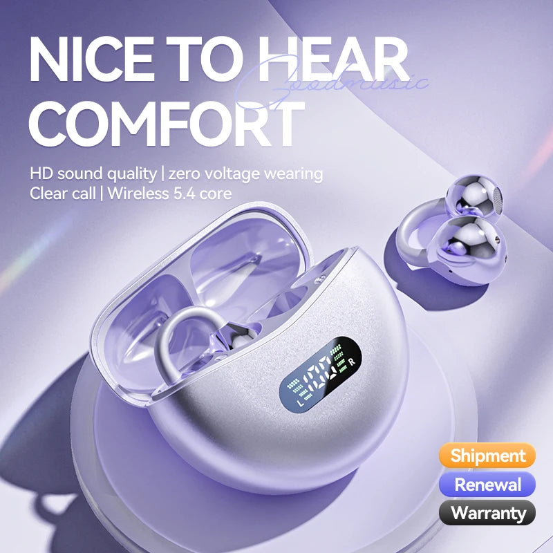 Running Earbuds Gear: Wireless, Waterproof, Bone Conduction HIFI Bluetooth 5.4 Clip-on-Ear Earbuds With Mic Digital Display 2025 / Rungear