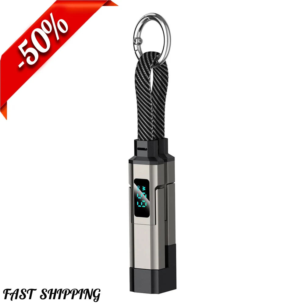 Tech Gear Accessories: Portable Keychain Charger Short Cable with LED Display, 4-in-1 Multi USB C Fast Charging Combo Lightning/Type C/USB A/USBC Ports / Rungear
