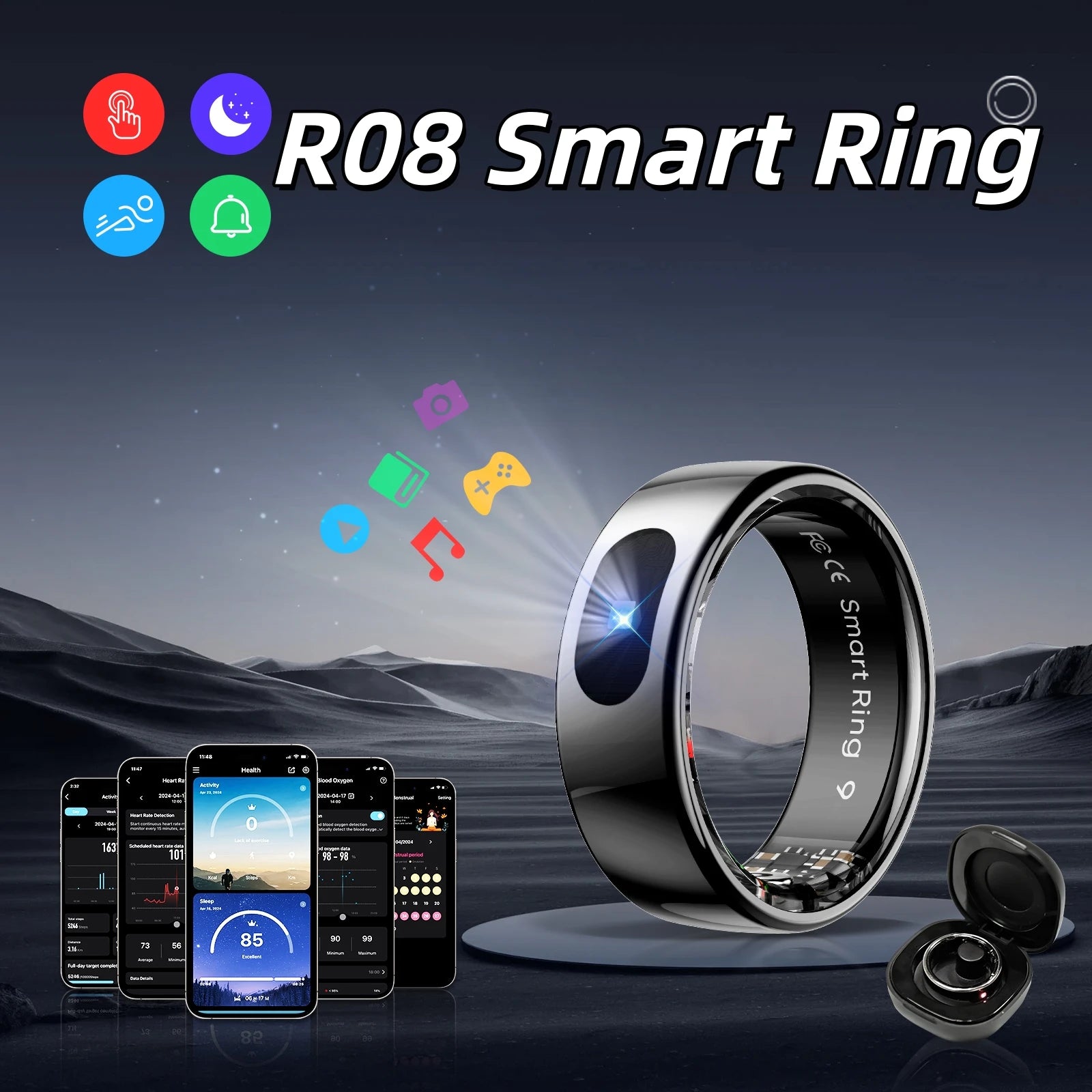 NEW R08 Unisex Smart Ring with Charging Case Health and Sleep Monitor 5ATM Waterproof Multi Sport Mode Heart Rate Monitoring