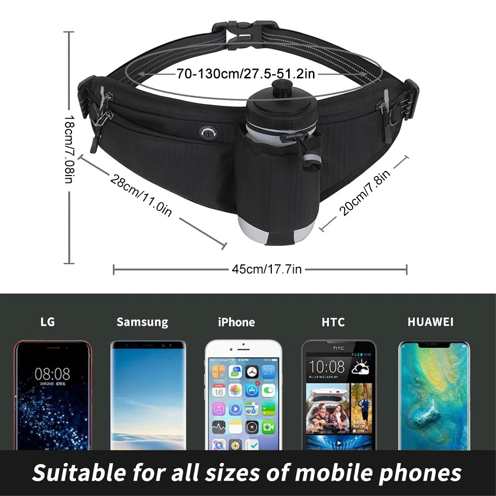 Hydration Gear Accessories: Waterproof, Adjustable, Reflective Hydration Running Belt with 90° No-Bounce Bottle Holder for Hiking, Running, Walking / Rungear