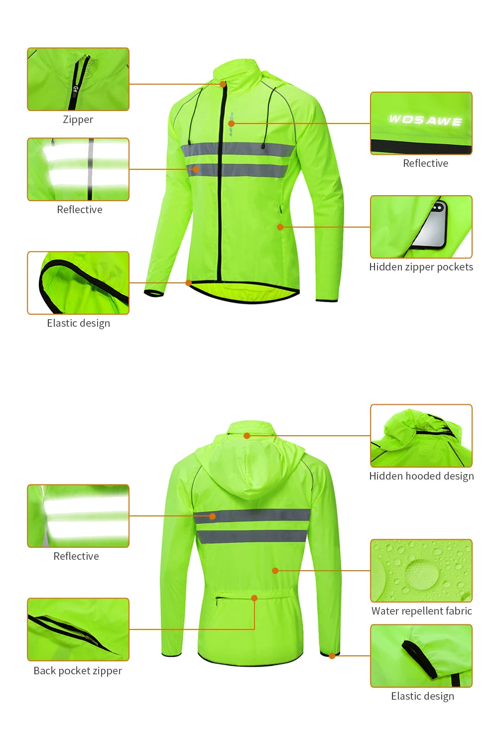 WOSAWE Men's Packable Reflective Windproof Windbreaker Jacket
