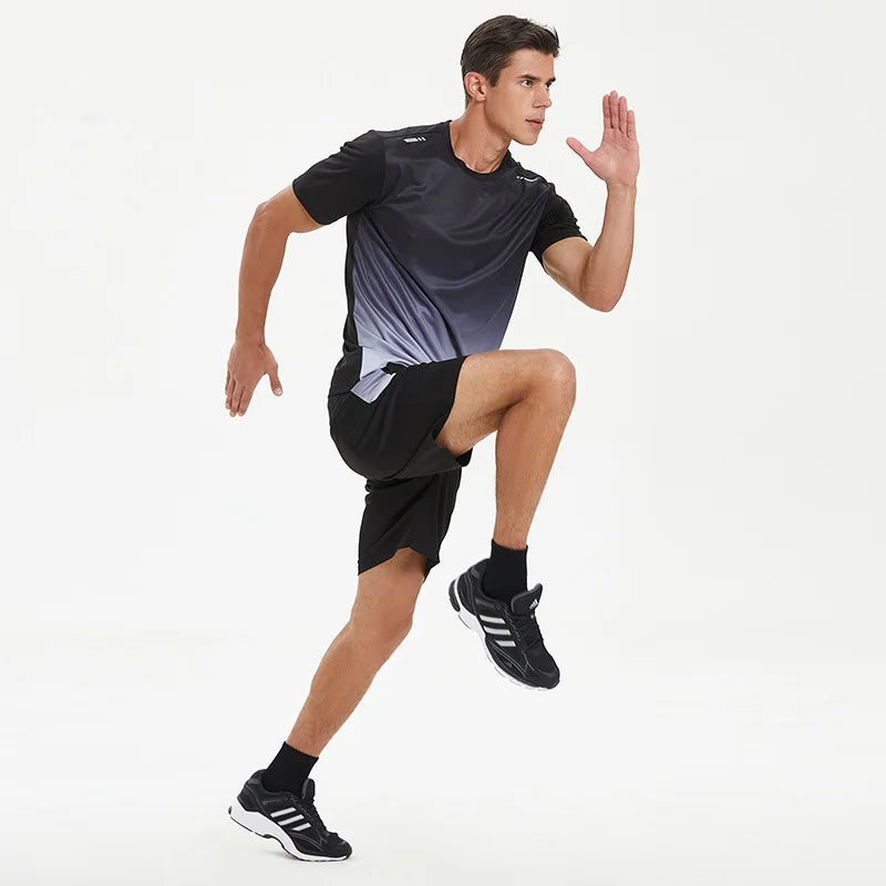 Men Active Quick Dry Crew Neck T Shirts and Shorts Set Athletic Workout Short Sleeve Clothes Basketball Running Gym Sports Suit