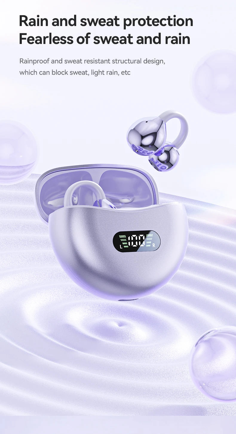 Running Earbuds Gear: Wireless, Waterproof, Bone Conduction HIFI Bluetooth 5.4 Clip-on-Ear Earbuds With Mic Digital Display 2025 / Rungear
