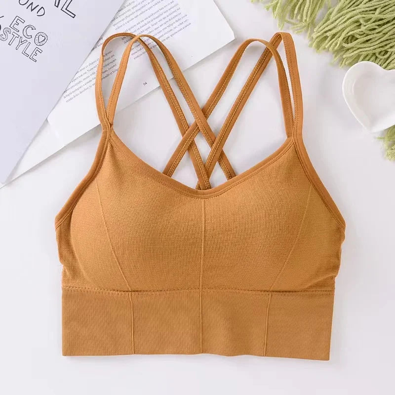 Women's Cross Back Strap Tank Top Push Up Sports Bra Breathable Solid Color Bra
