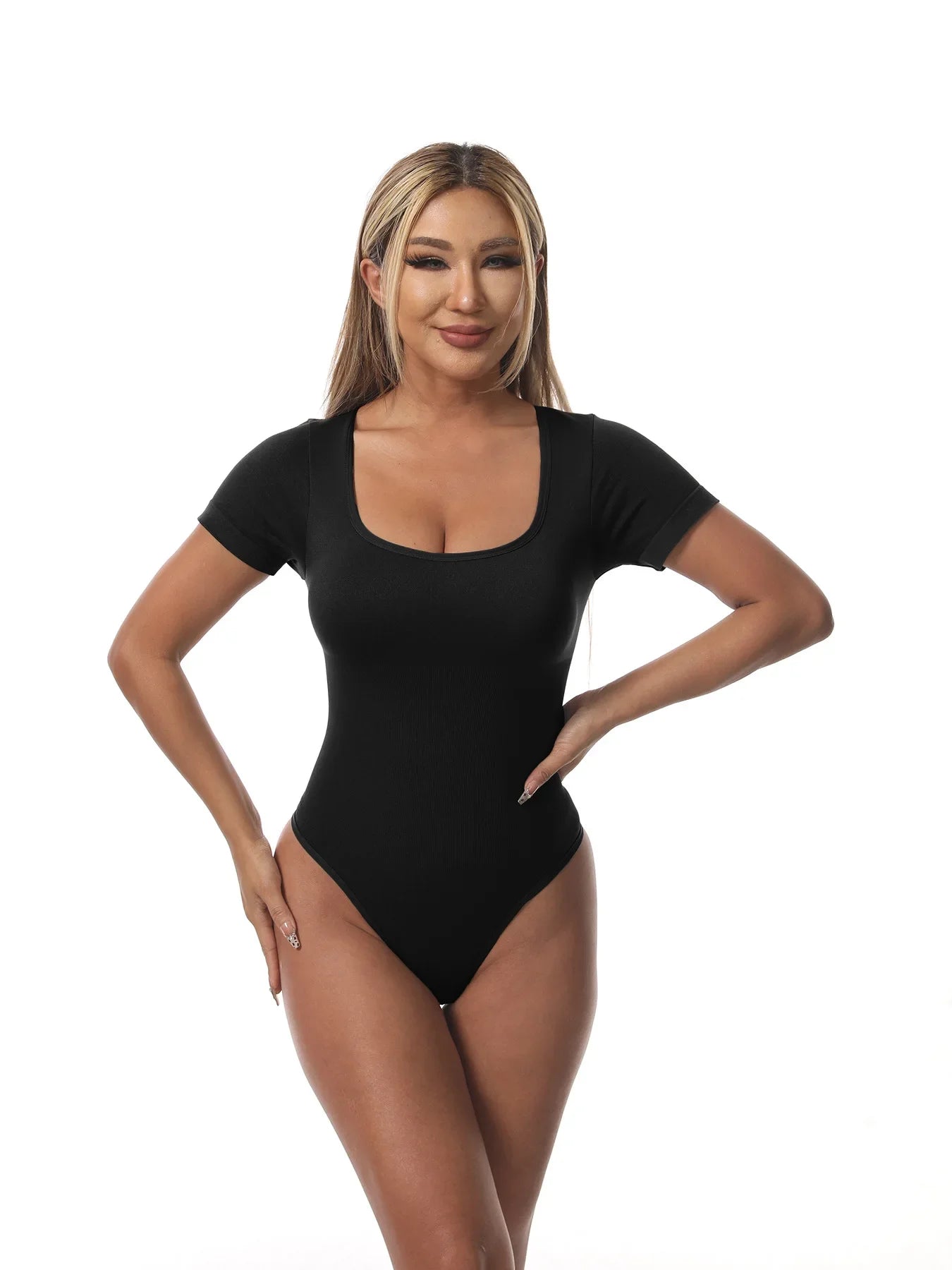 Women Casual Apparel: Plus Size, Seamless, Square Neck, High Elastic, Solid Ribbed Jumpsuit Top / Rungear