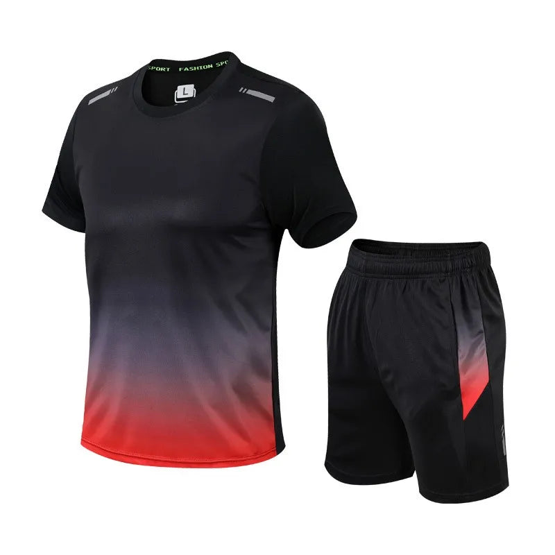 Men Active Quick Dry Crew Neck T Shirts and Shorts Set Athletic Workout Short Sleeve Clothes Basketball Running Gym Sports Suit