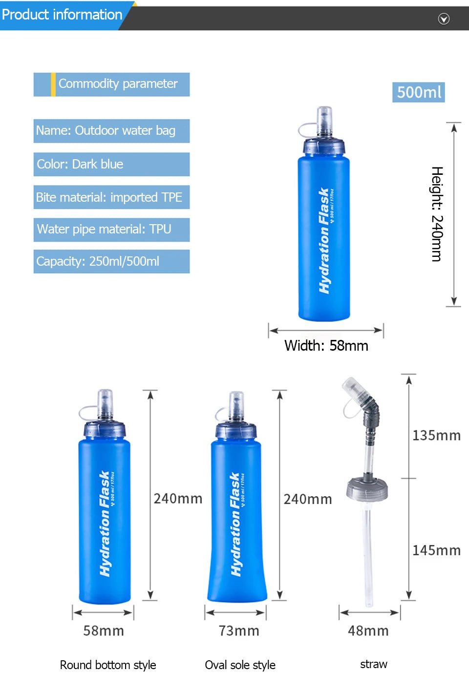 Running Hydration Accessories: Foldable TPU Soft Flask, 250ml, 500ml, 750ml / Rungear