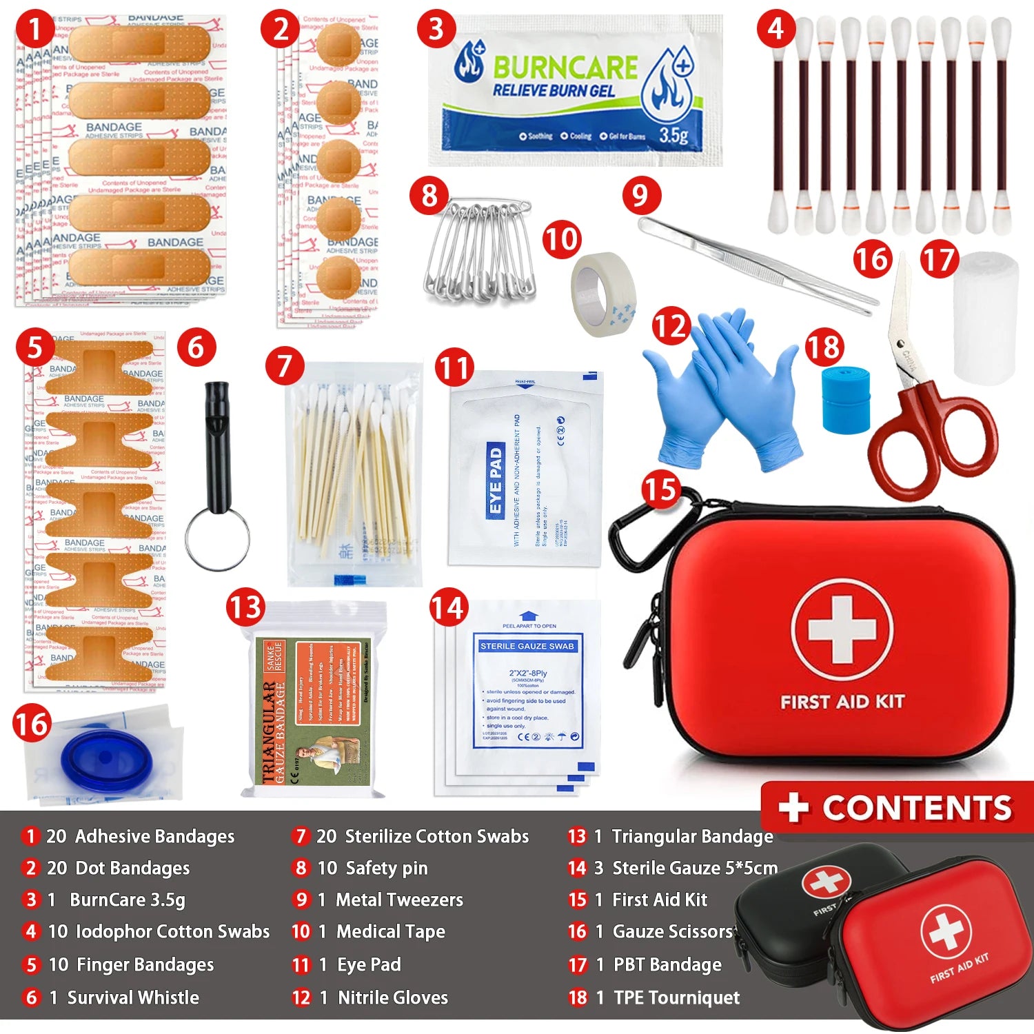First aid kit contents including bandages, burn care gel, scissors, and other medical supplies on a white background.