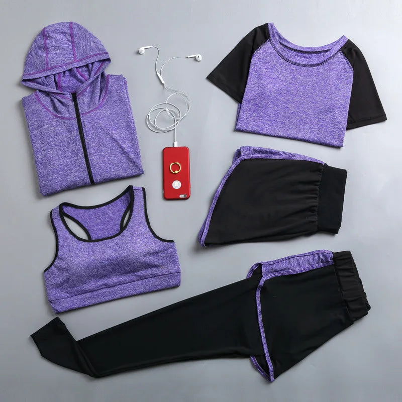Women's Quick Dry Apparel: Hooded Jacket, T-Shirt, Sports Bra, Shorts and Pant Sportswear Set / Rungear