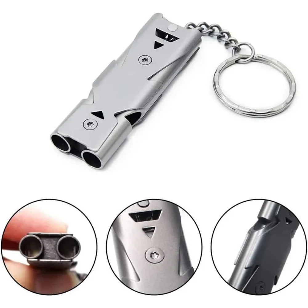 High Decibel Portable Outdoors Stainless Steel Double Pipe Emergency Survival Whistle Keychain
