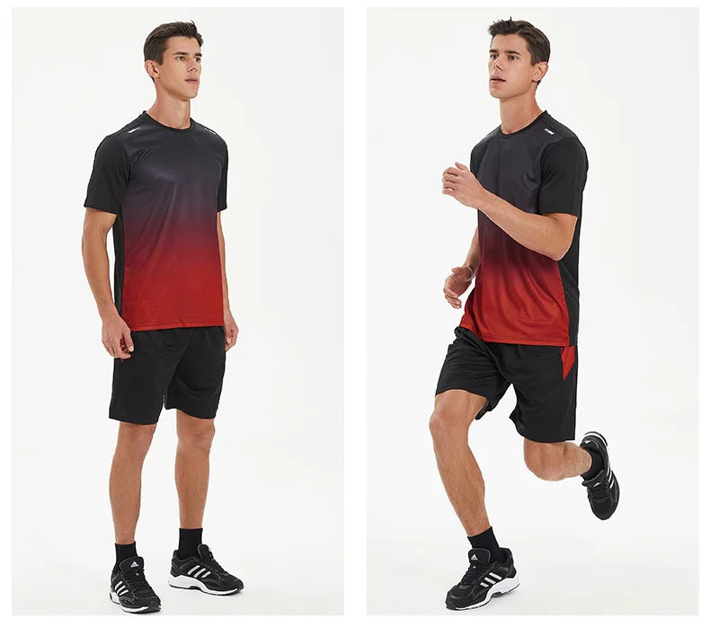 Men Active Quick Dry Crew Neck T Shirts and Shorts Set Athletic Workout Short Sleeve Clothes Basketball Running Gym Sports Suit