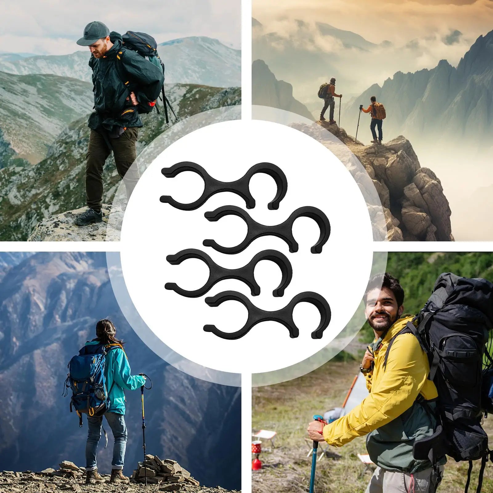 Trail Gear Accessories: 4PC Trekking Pole Clip Storage Organizer, 8 Shape Holder Clamp, Outdoor Hiking Gear / Rungear
