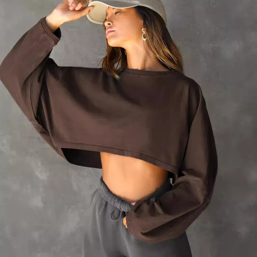 Sexy Cropped Hoodie T Shirt Long Sleeve Knit Top Women Spring Summer Casual Pullover Tee Blouse