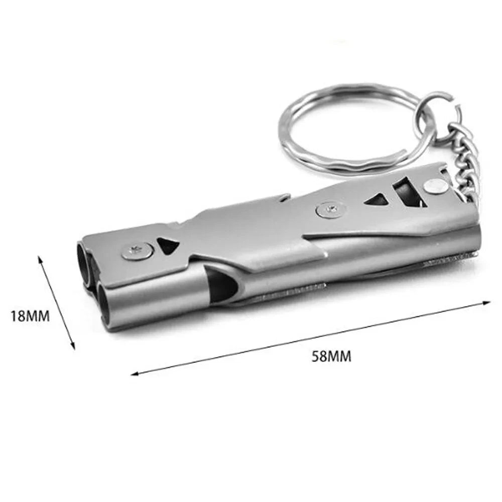 High Decibel Portable Outdoors Stainless Steel Double Pipe Emergency Survival Whistle Keychain