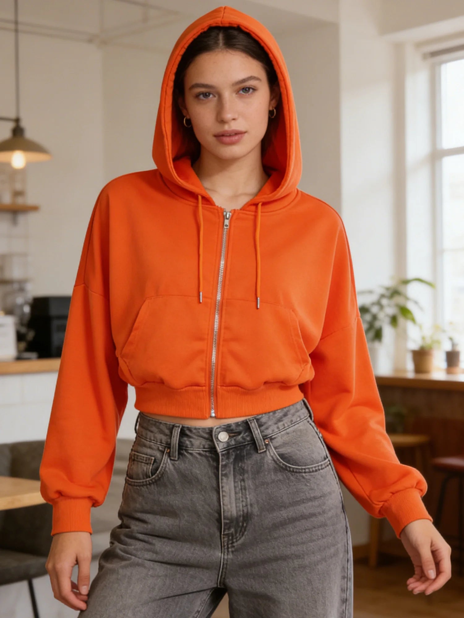 Womens Sports Tops Workout Running Clothing Adults Soft Long Sleeve Drawstring Hooded Jacket Zipper Loose Sweatshirt Outerwear