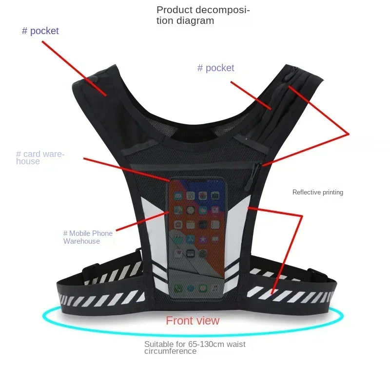 Running Reflective Gear: Reflective, Breathable Chest Bag Running Sports Backpack Fitness Vest / Rungear
