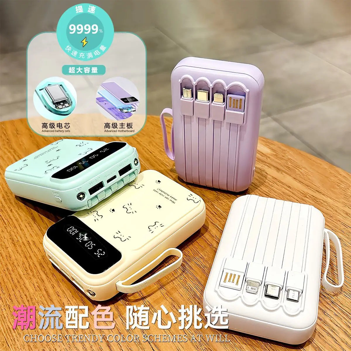 Tech Gear Accessories: 20000mAh Fast-Charging, Portable Power Bank with Built-in Cables