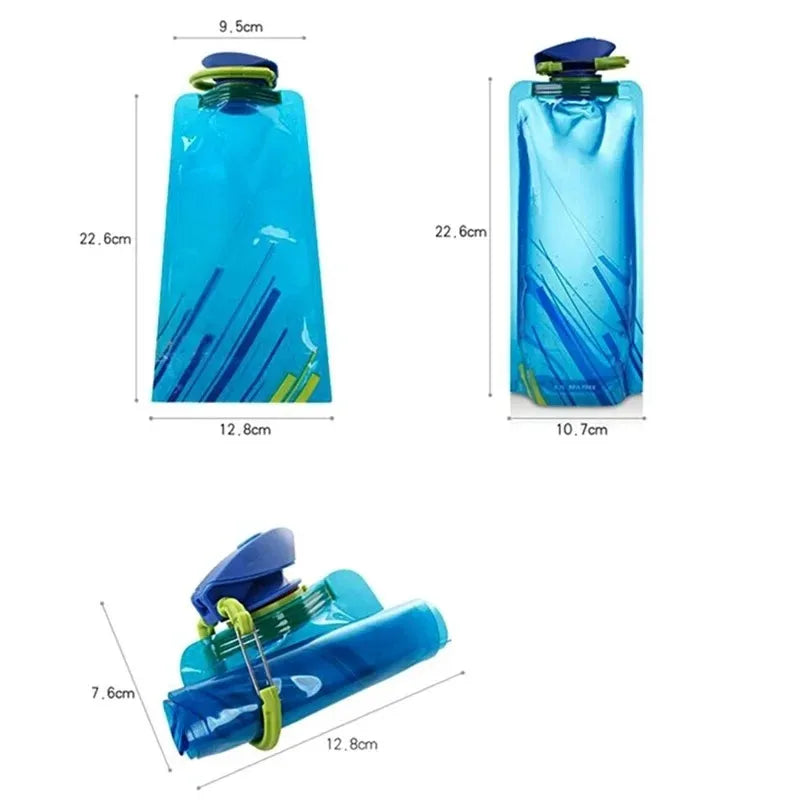 Hydration Gear Accessories: Foldable, Flexible, Reusable Travel Soft Flask Water Bottle Pouch with Carabiner Clip / Rungear