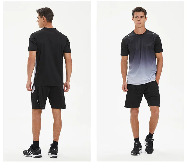 Men Active Quick Dry Crew Neck T Shirts and Shorts Set Athletic Workout Short Sleeve Clothes Basketball Running Gym Sports Suit