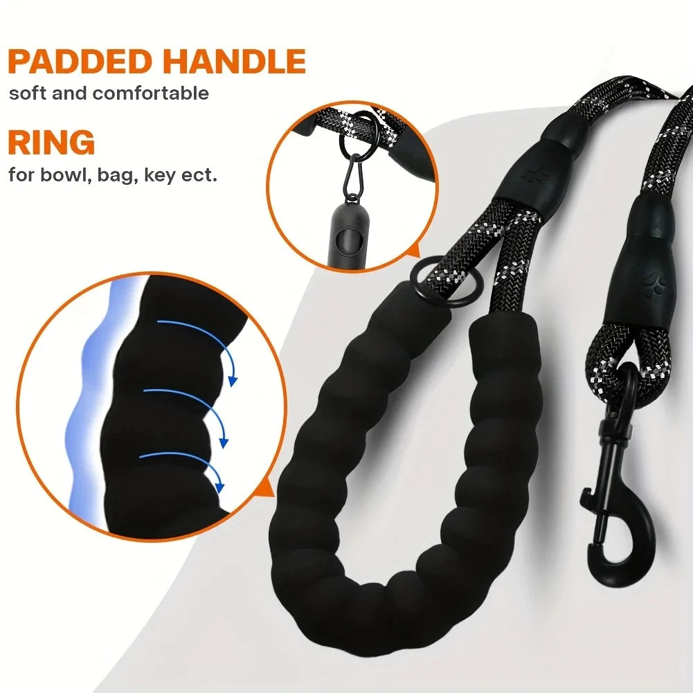Reflective Dog Leash With Comfortable Padded Handle - Double Heavy Duty Traction Rope For Strong Dogs