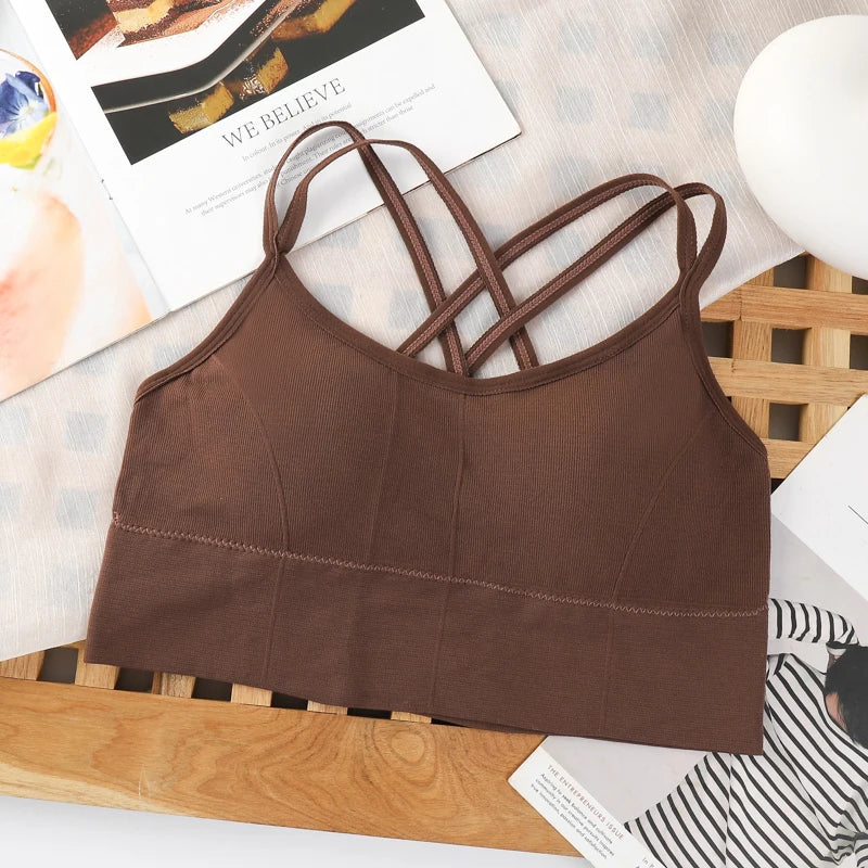 Women's Cross Back Strap Tank Top Push Up Sports Bra Breathable Solid Color Bra