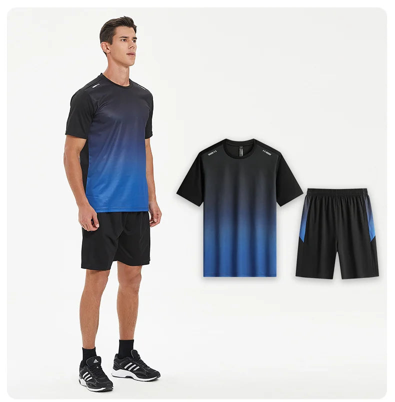 Men Active Quick Dry Crew Neck T Shirts and Shorts Set Athletic Workout Short Sleeve Clothes Basketball Running Gym Sports Suit