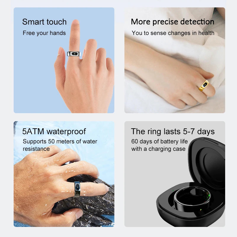 Tech Gear Accessories: NEW R08 Unisex Smart Ring with Charging Case Health and Sleep Monitor 5ATM Waterproof Multi Sport Mode Heart Rate Monitoring / Rungear