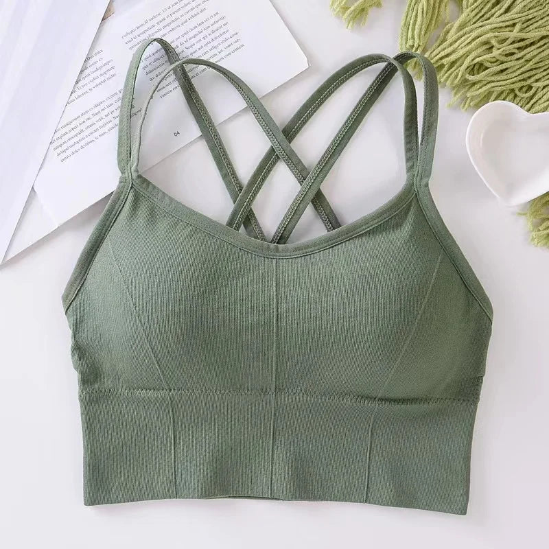 Women's Cross Back Strap Tank Top Push Up Sports Bra Breathable Solid Color Bra
