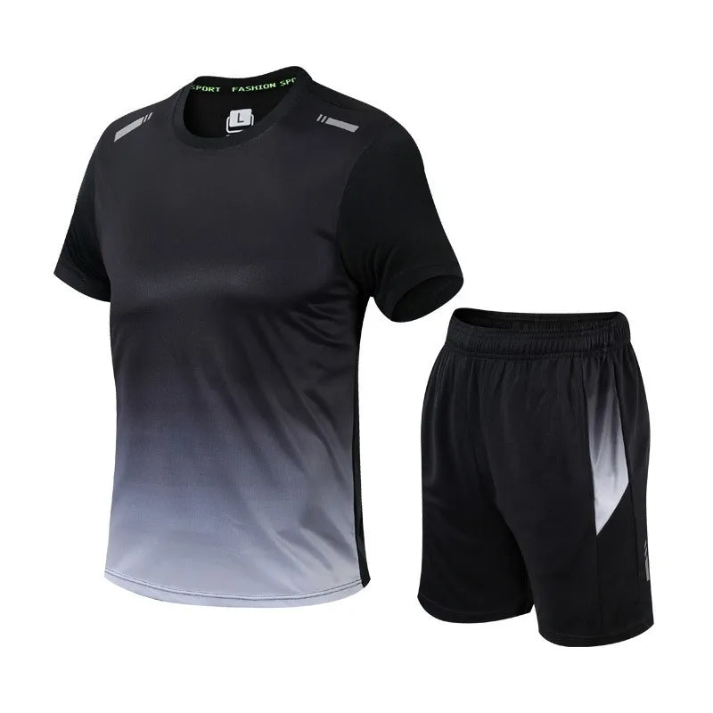 Men Active Quick Dry Crew Neck T Shirts and Shorts Set Athletic Workout Short Sleeve Clothes Basketball Running Gym Sports Suit