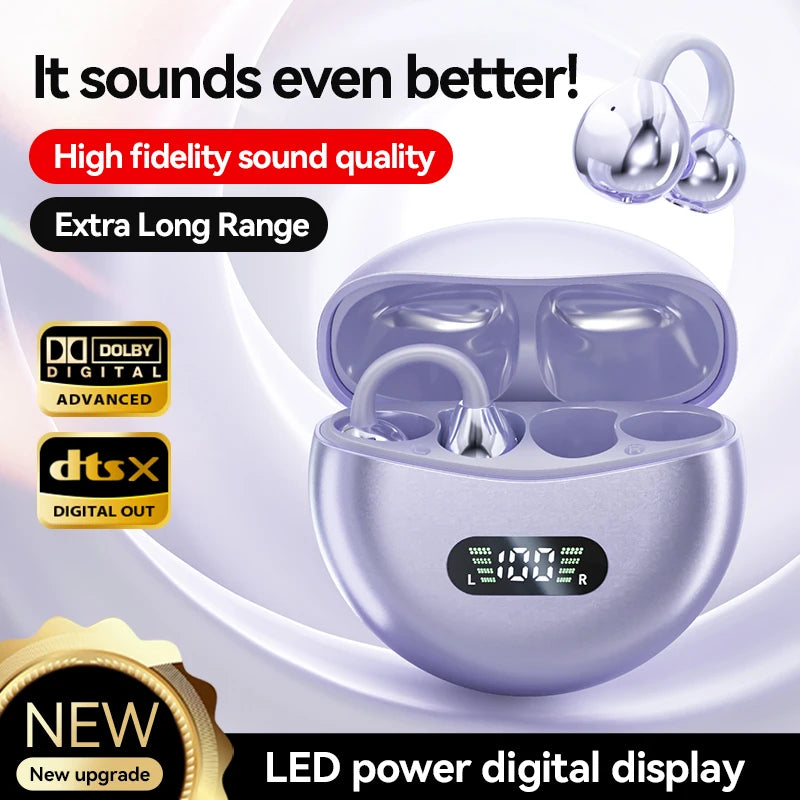 Running Earbuds Gear: Wireless, Waterproof, Bone Conduction HIFI Bluetooth 5.4 Clip-on-Ear Earbuds With Mic Digital Display 2025 / Rungear