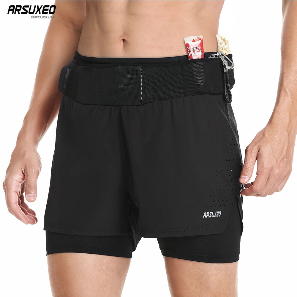 Men's 2 in 1 High Waist Training Gym Fitness Workout Sports Shorts Pants Double Layer B233