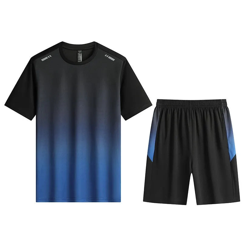 Men Active Quick Dry Crew Neck T Shirts and Shorts Set Athletic Workout Short Sleeve Clothes Basketball Running Gym Sports Suit