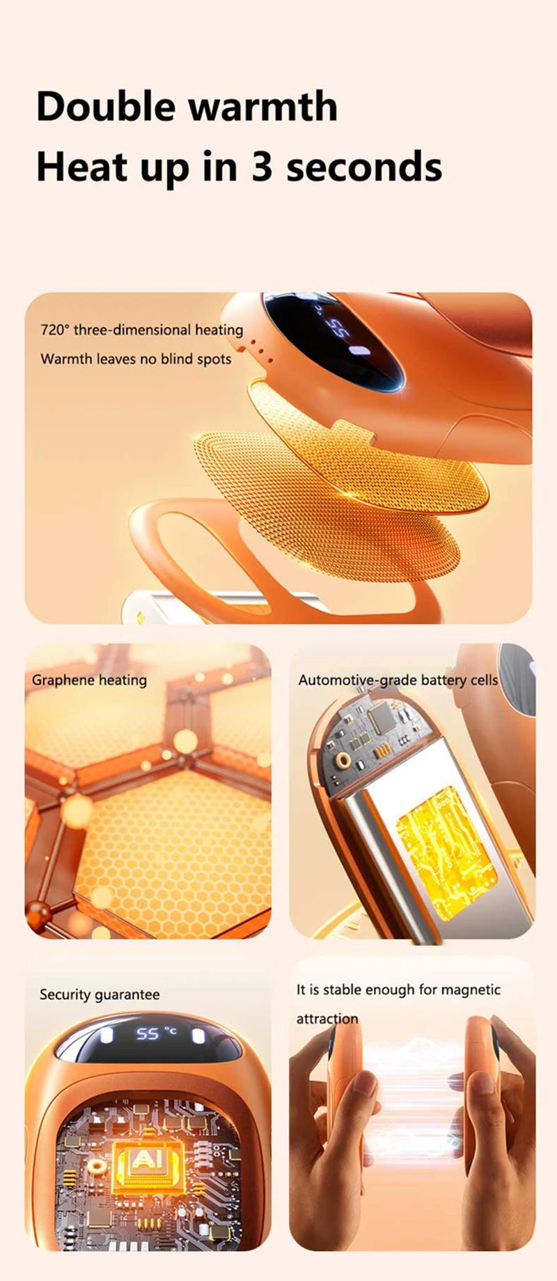 Dual Magnetic Rechargeable Hand Warmer Portable Electric Hot Pack Heater For Winter